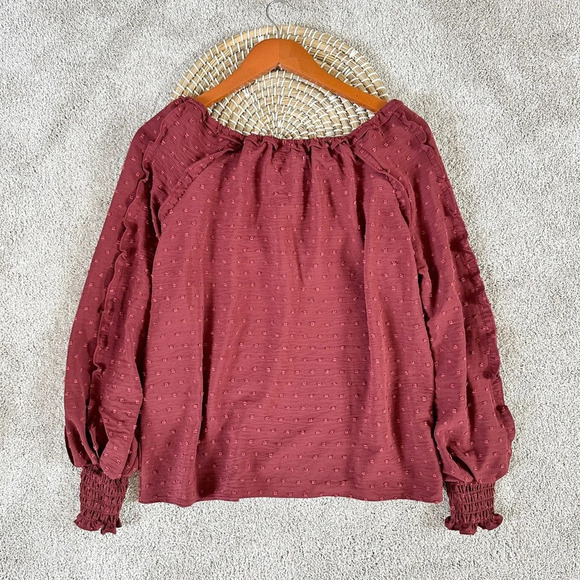 NWT Max Studio Clip Dot Smocked Long Sleeve Top Garnet Size S - Picture 4 of 8